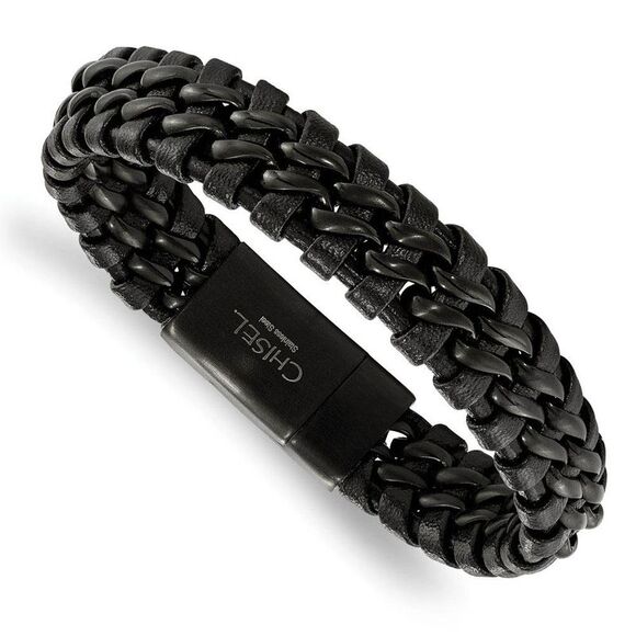 14mm Black Plated Stainless Steel Black Leather Link Bracelet 8.5 In